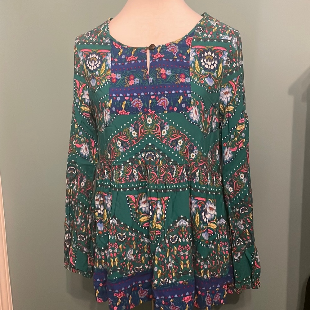 Matilda Jane Women's Medium Evergreen Babydoll Top ~ Floral Boho Mixed Print